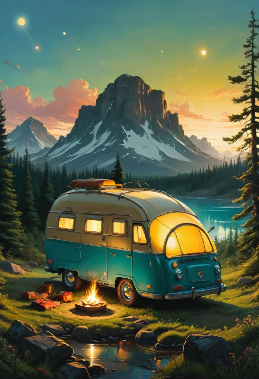 Outdoor Camping, by Oliver Jeffers, best quality, masterpiece, very aesthetic, perfect composition, intricate details, ultra-detailed