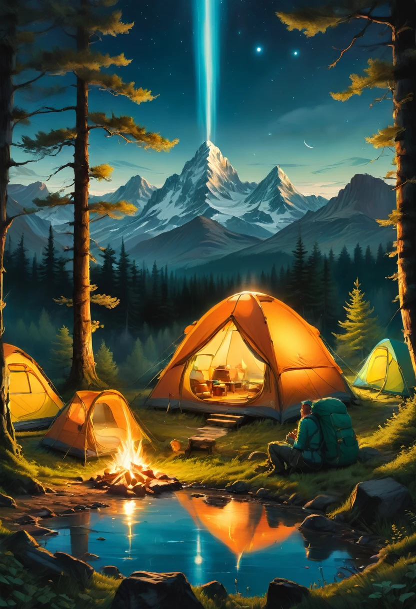 Outdoor Camping, by Oliver Jeffers, best quality, masterpiece, very aesthetic, perfect composition, intricate details, ultra-detailed