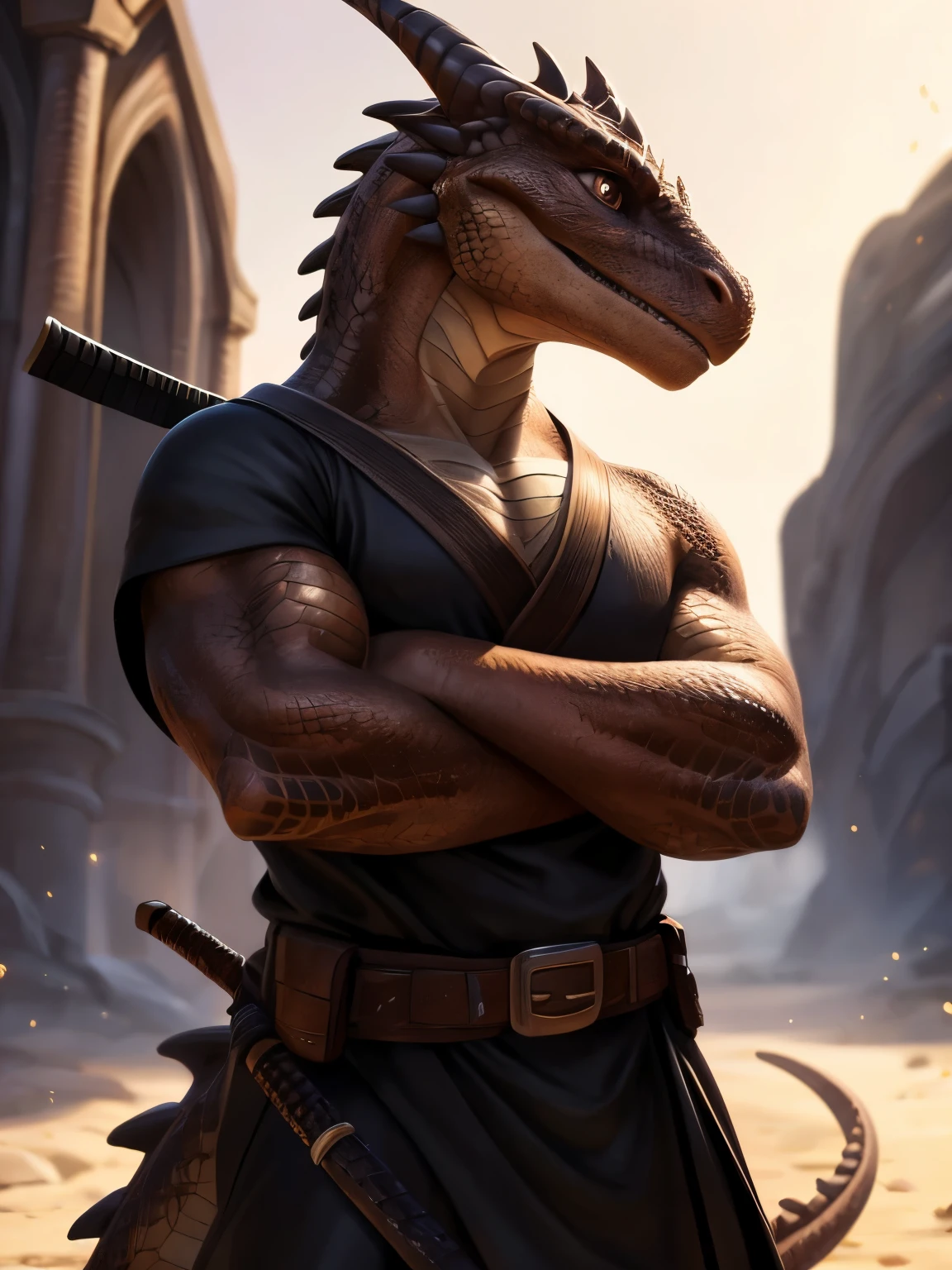 Enhance the image by adding texture to the lizard's skin, and that it is wearing a leather shirt