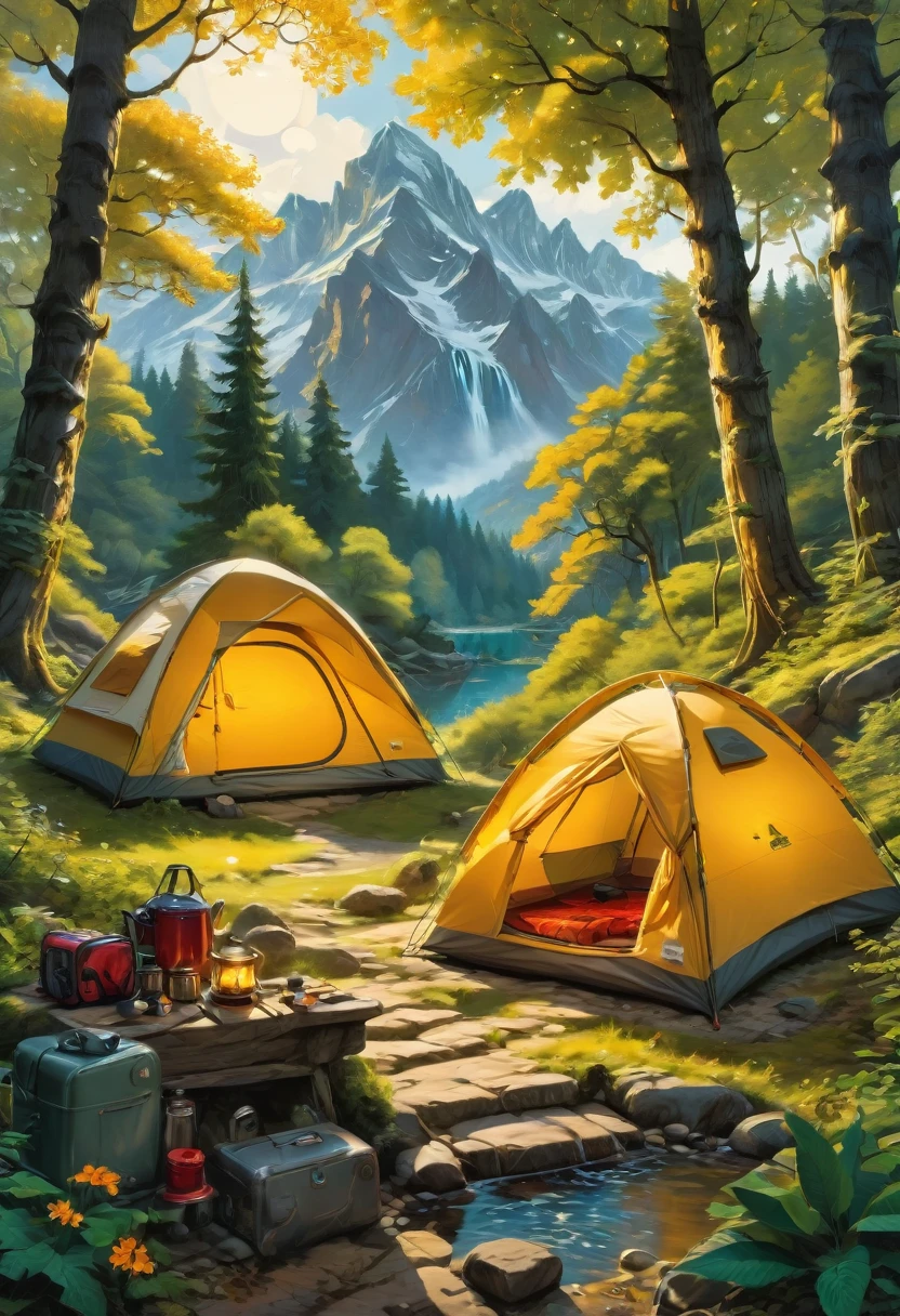 Outdoor Camping, by Hergé, best quality, masterpiece, very aesthetic, perfect composition, intricate details, ultra-detailed