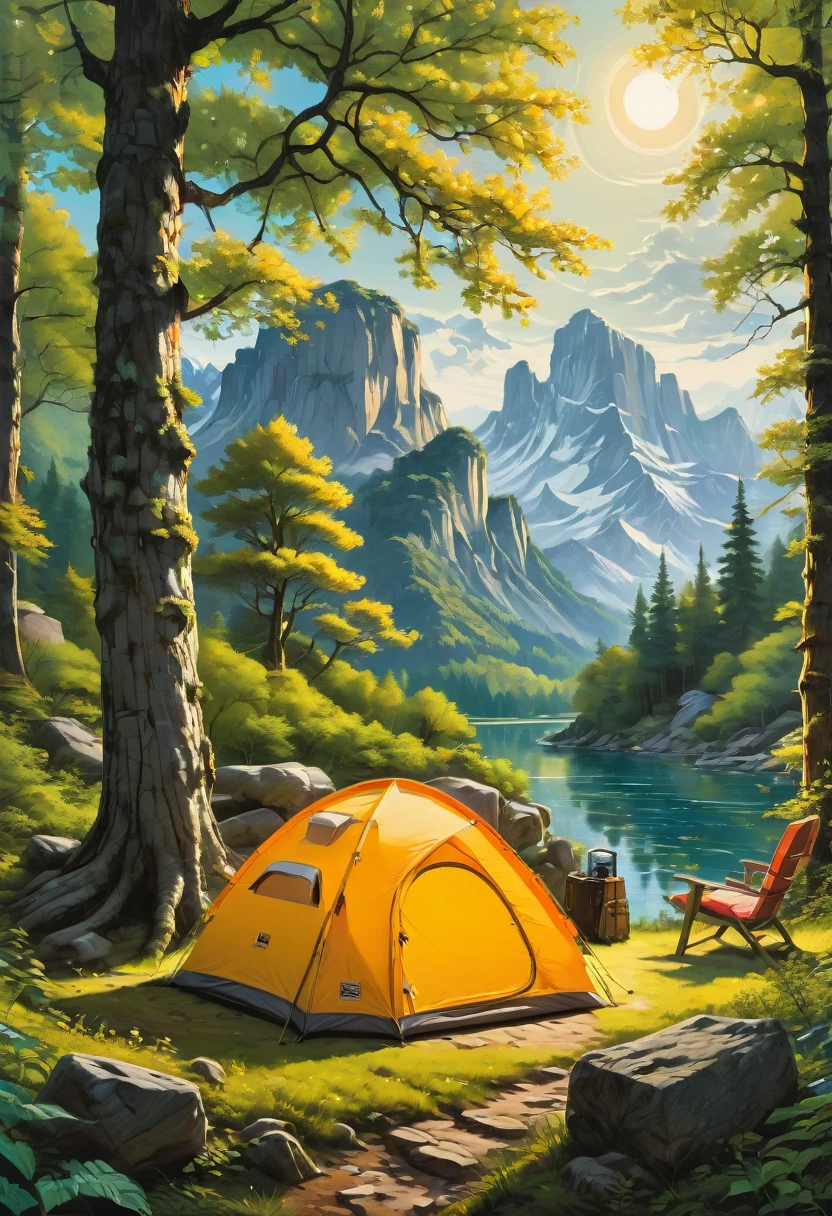 Outdoor Camping, by Hergé, best quality, masterpiece, very aesthetic, perfect composition, intricate details, ultra-detailed