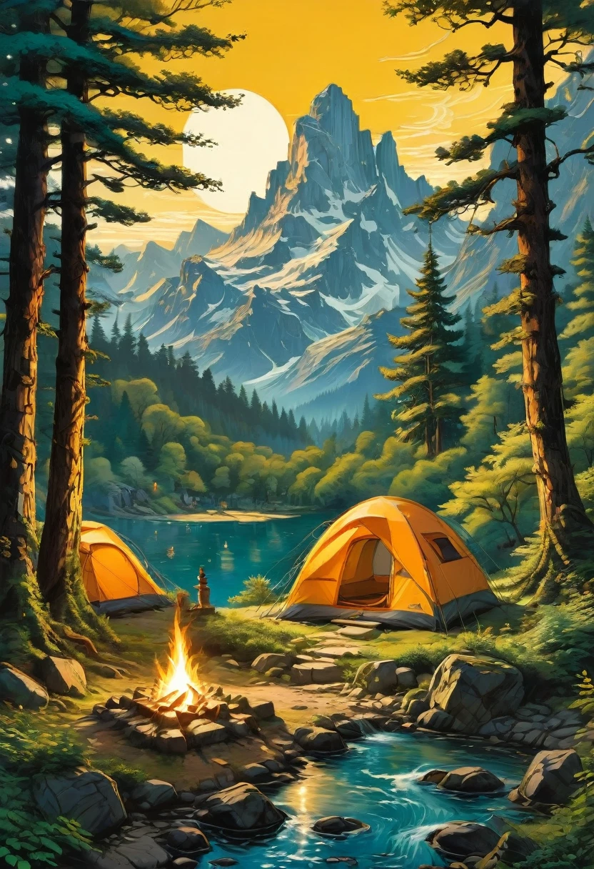 Outdoor Camping, by Hergé, best quality, masterpiece, very aesthetic, perfect composition, intricate details, ultra-detailed
