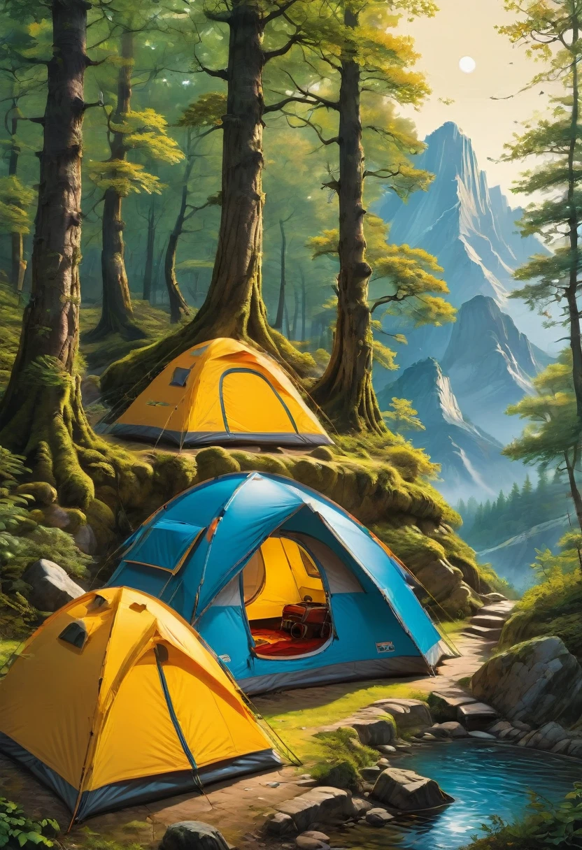 Outdoor Camping, by Hergé, best quality, masterpiece, very aesthetic, perfect composition, intricate details, ultra-detailed