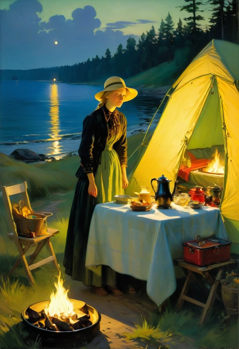 Outdoor Camping, by Anna Ancher, best quality, masterpiece, very aesthetic, perfect composition, intricate details, ultra-detailed