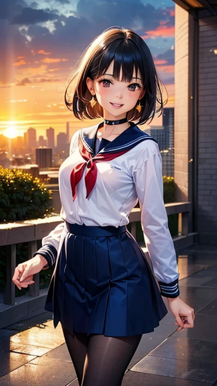 A girl is posing for a photo, cute女の子, Enchanting girl, 

(Blue Hair, Bobcut, blunt bangs), (Red eyes), 
(Navy blue winter sailor suit:1.2, Navy Blue Skirt, red headband)、(Black Pantyhose, Brown Loafers), Black choker、Red Gem Earrings、Student bag、

(((highest quality)), ((masterpiece)), (Very detailed), (High resolution), (Beautiful detailed sparkle), (High detail), (Anatomically correct)), ((Realistic)), ((The best CG)), Ultra-detailed art, CG illustration, 16k, 1080P, Oil paints:1.2,   

(((One Woman))), 
(Symmetrical facial features, Perfect Face), Beautiful clavicle, (Beautiful fingers), (Beautiful breasts, (Ｃcup)), 
Beautiful body, Beautiful thighs, Beautiful feet, Perfect round butt, (((Detailed skin, Oily skin, Textured skin, Beautiful Skin))), 

(((, 16 years old)))yes, Expression of fine eyes, Beautiful and delicate eyes, Sparkling eyes, Eye Reflexes), 
(Beautiful Nose,Thin Nose), 
(Glossy Lips, Beautiful Lips, thick lips), 

(Beautiful Hair, Shiny Hair, Shiny Hair), Hair fluttering), 

(smiley, laughing, blush),  
BREAK 

(evening、(The school road illuminated by the setting sun, A slope with a view of the cityscape)), ((Walking, Upward glance, Cowboy Shot))
