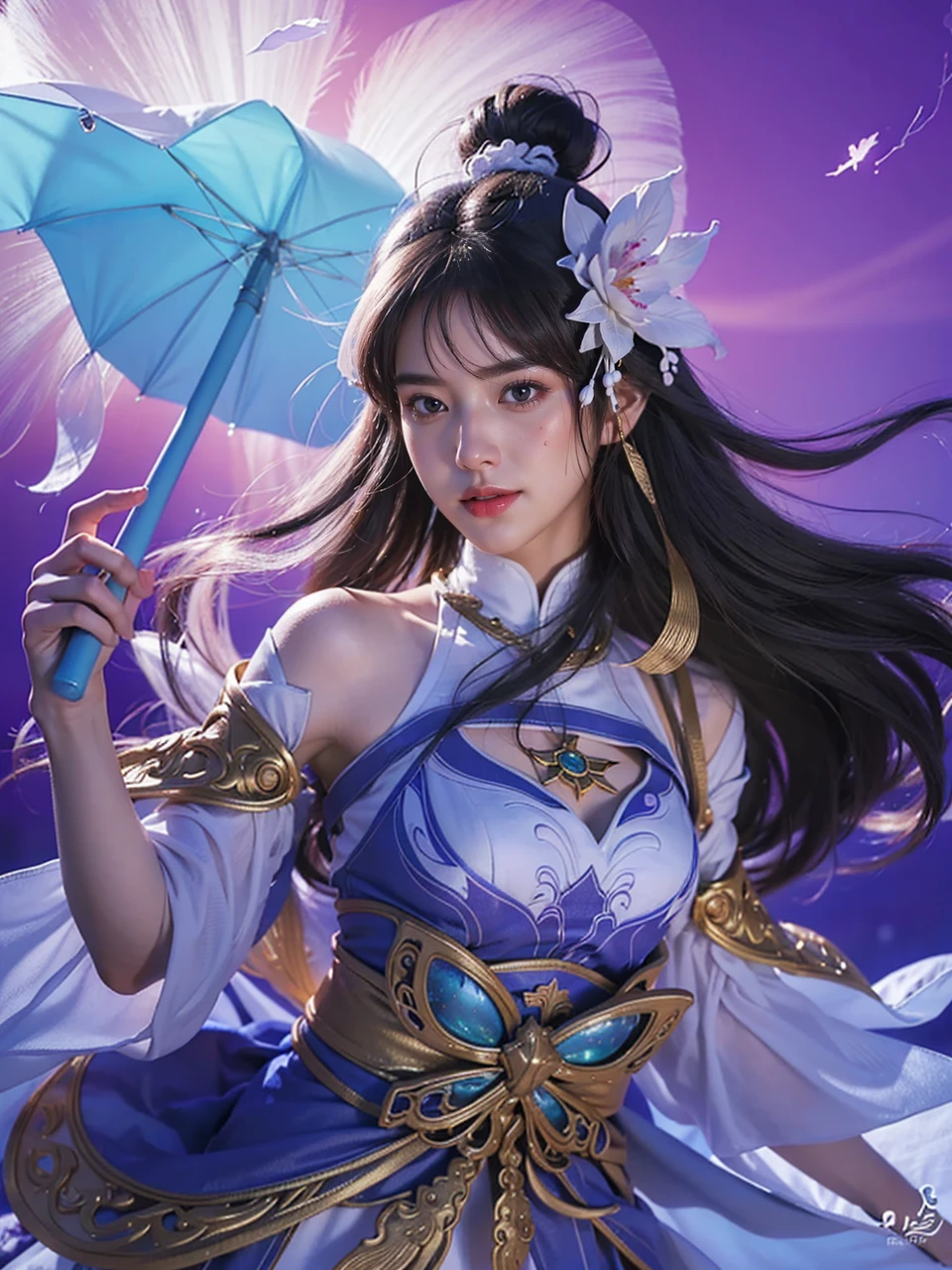 long white hair, beautiful celestial mage, Take off the mask and smile, lips are red full portrait of elementalist, full body xianxia, heise jinyao, onmyoji detailed art, g liulian art style, extremely detailed artgerm, by Yang J, white haired deity, astral ethereal, holy fire spell art, highly detailed, (high detailed skin:1.hotorealistic:1.3), ultra-detailed, (high detailed skin:1.2), expressionless, 8k uhd, dslr, soft lighting, high quality, film grain, Fujifilm XT3, best quality, beautiful lighting, blue umbrella, pink hair