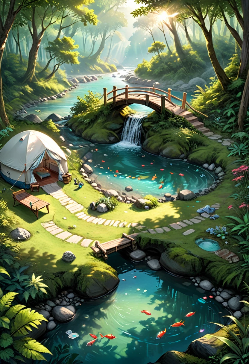 The Creek Campsite in the Forest Secret Realm, Tents are hidden in the dense forest, and a clear stream flows by. People fish or read by the stream, completely immersed in the embrace of nature, (masterpiece, best quality, Professional, perfect composition, very aesthetic, absurdres, ultra-detailed, intricate details:1.3)