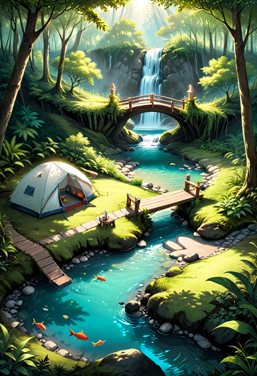 The Creek Campsite in the Forest Secret Realm, Tents are hidden in the dense forest, and a clear stream flows by. People fish or read by the stream, completely immersed in the embrace of nature, (masterpiece, best quality, Professional, perfect composition, very aesthetic, absurdres, ultra-detailed, intricate details:1.3)