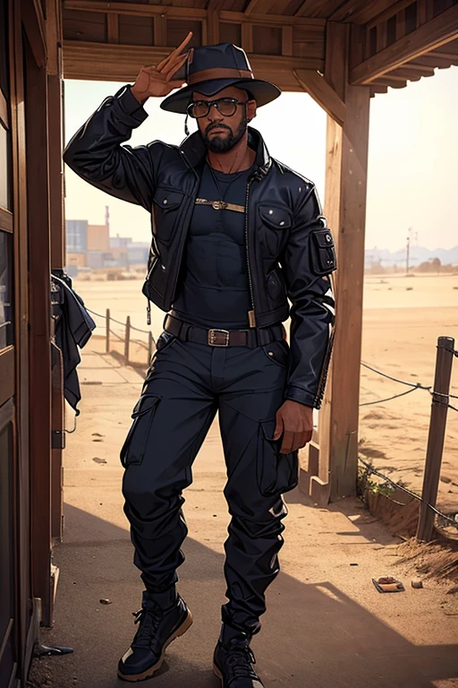 homem, pele parda escura, 34 anos, cabelo castanho ondulado na altura do ombro, jaqueta de couro preta, cargo pants, chapeu leather hat, apocalipse zumbi