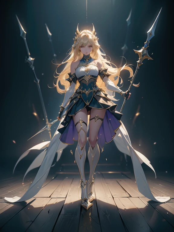 Design a layout showcase Gaming realistic super detailed Character sheet, ((1girl)), sorcerer:1.2, Golden+Purle clothes, stylish and unique, ((showcase weapon:1.4)), magic staff, (masterpiece:1.2), (best quality), 4k, ultra-detailed, (Step by step design, layout art:1.5), (luminous lighting, atmospheric lighting), Final Fantasy style, magican, ((glove full hands)), fran, viera, (((revealing clothes:1.3))), vambraces, armored legwear, (((full_body_shot:1.4))), Niji, back_view, T_pose