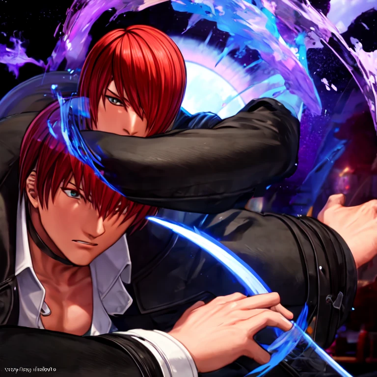 30-year-old male, alone, alone, Athletic ability, Video Game Characters, King of Fighters, Iori Yagami, Wearing a trench coat, Blue Fire, Movie, Ultra-sharp focus, Award-winning photography, Perfect contrast, High Sharpness, Depth of written boundary, Ultra HD Photos, Global Illumination, Smooth, Ultra-high resolution, 8k, Unreal Engine 5, Ultra-sharp focus, Award-winning photography, Art Station Trends,
