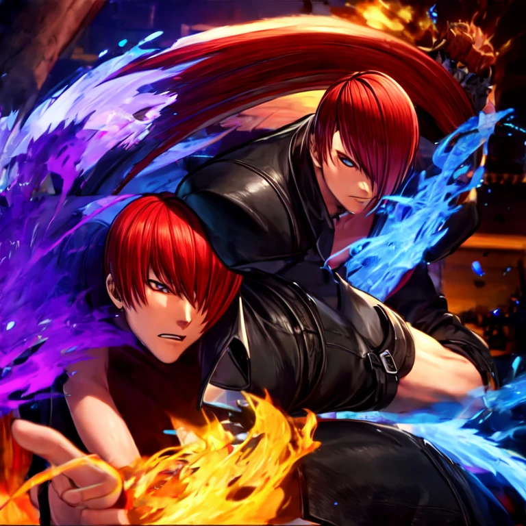 30-year-old male, alone, alone, Athletic ability, Video Game Characters, King of Fighters, Iori Yagami, Wearing a trench coat, Blue Fire, Movie, Ultra-sharp focus, Award-winning photography, Perfect contrast, High Sharpness, Depth of written boundary, Ultra HD Photos, Global Illumination, Smooth, Ultra-high resolution, 8k, Unreal Engine 5, Ultra-sharp focus, Award-winning photography, Art Station Trends,
