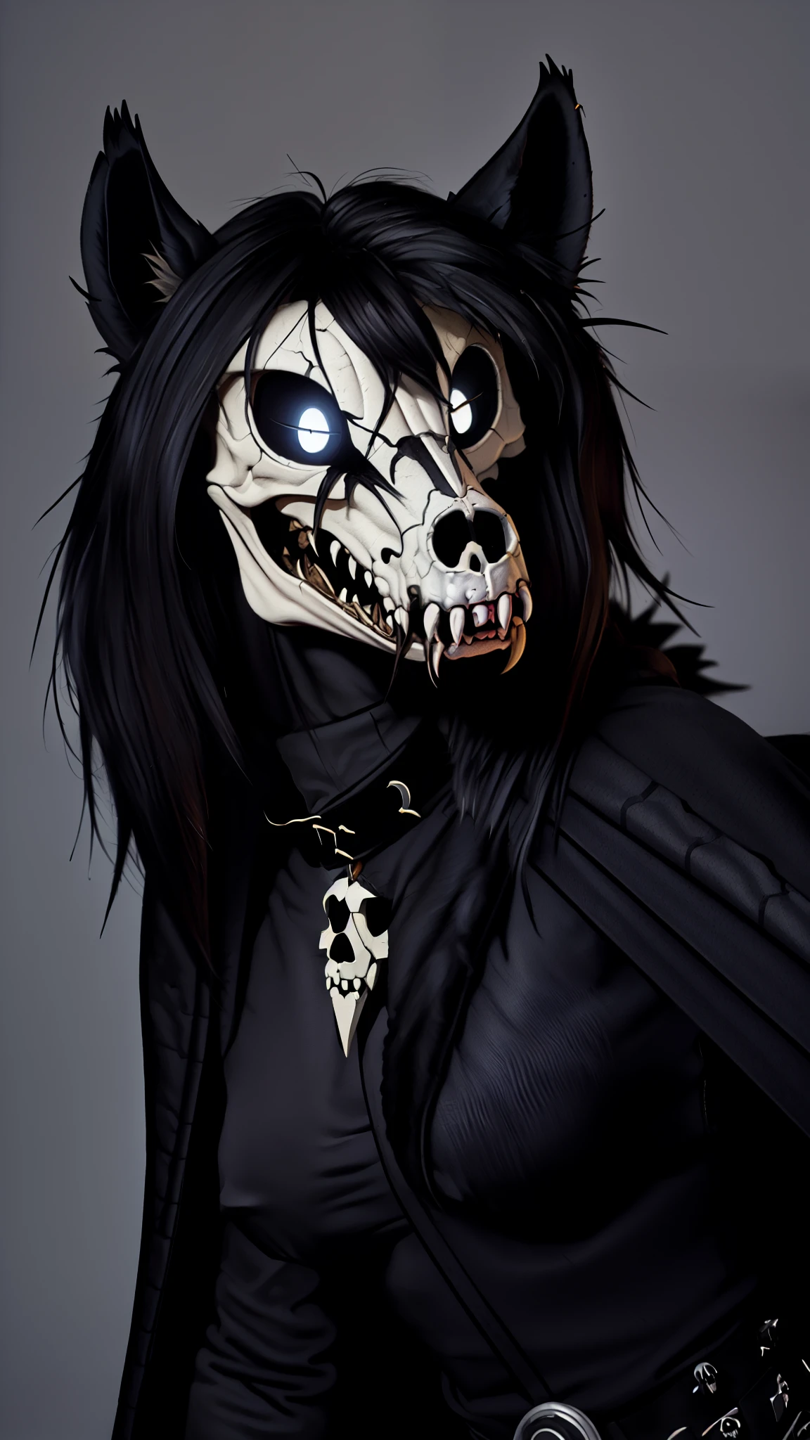 MalO, Scp 1471, ((four legged character)), (slit pupils, white eyes, black sclera), digitigrade, (collar), masterpiece, best quality, detailed realistic fur, furry, (canine skull), detailed background, (low angle shot), detailed face, detailed eyes, chest, buest, detailed black fluffy fur, fluffy tail, (furry, dark fur cloth, SFW:1.35), (MagicItem_v1, blank background, fantasy painting:1.35)