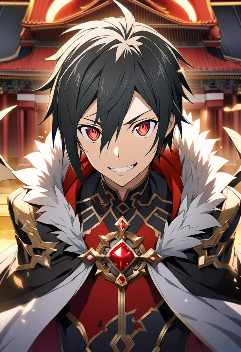 Hyakuya Yuuichiro \(Sword Art Online\), short silvery black hair, bejeweled crimson eyes:1.2, Archdemon costume, bangs, grinning, cape, ((ultra-detailed)), ((illustration)), (neat hair)), (beautiful detailed eyes), male, 1boy, ((imperial palace)), looking at viewer