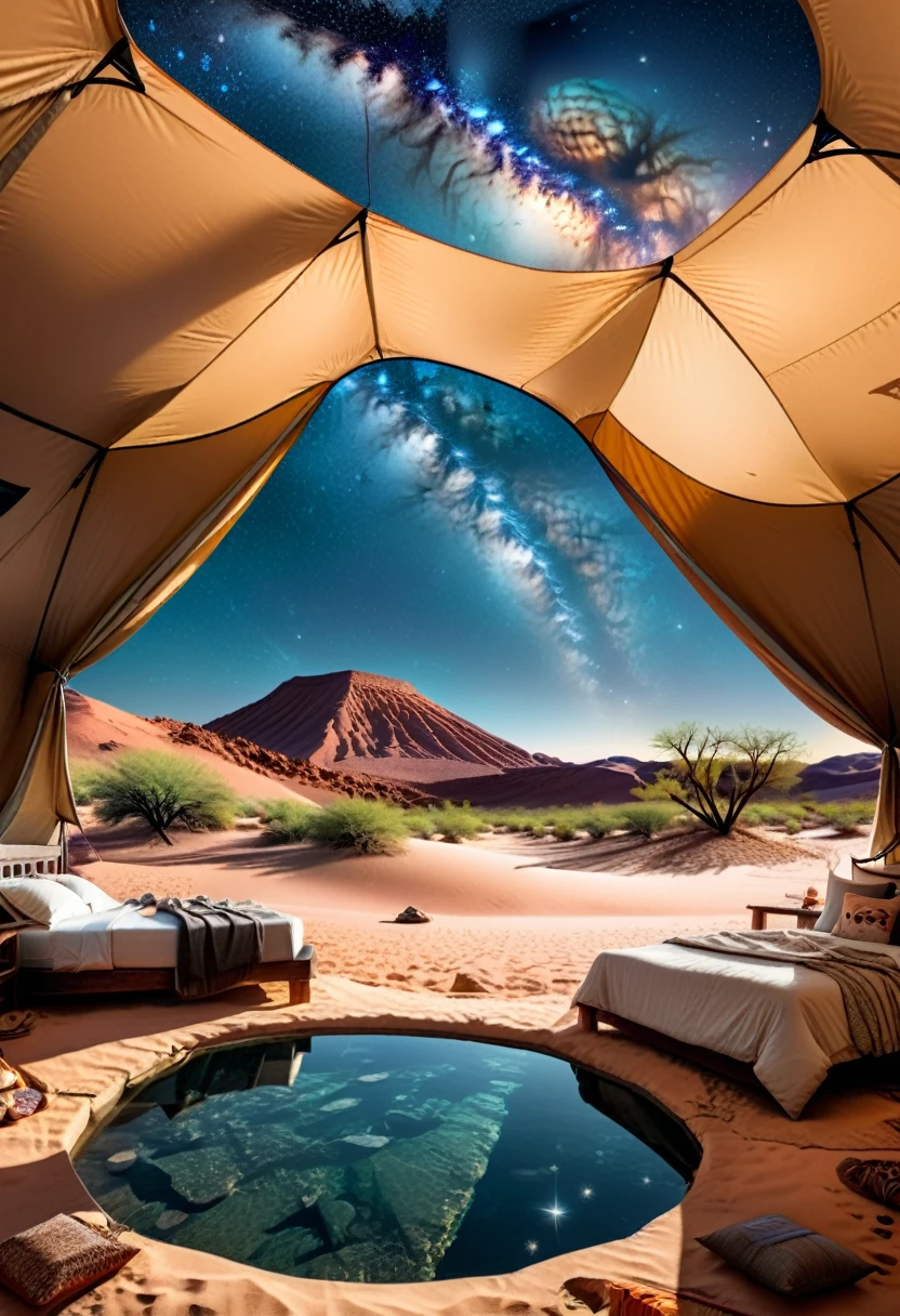 Desert Oasis Shelter, In the vast and boundless desert, an oasis has become a paradise for campers. Beside the cool spring water, tents are like stars, and the desert starry sky at night is particularly spectacular, (masterpiece, best quality, Professional, perfect composition, very aesthetic, absurdres, ultra-detailed, intricate details:1.3)