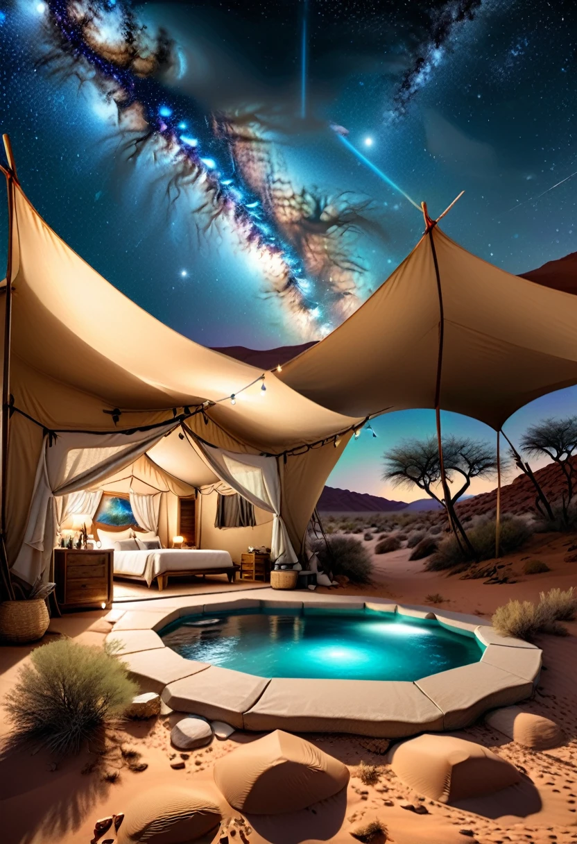 Desert Oasis Shelter, In the vast and boundless desert, an oasis has become a paradise for campers. Beside the cool spring water, tents are like stars, and the desert starry sky at night is particularly spectacular, (masterpiece, best quality, Professional, perfect composition, very aesthetic, absurdres, ultra-detailed, intricate details:1.3)