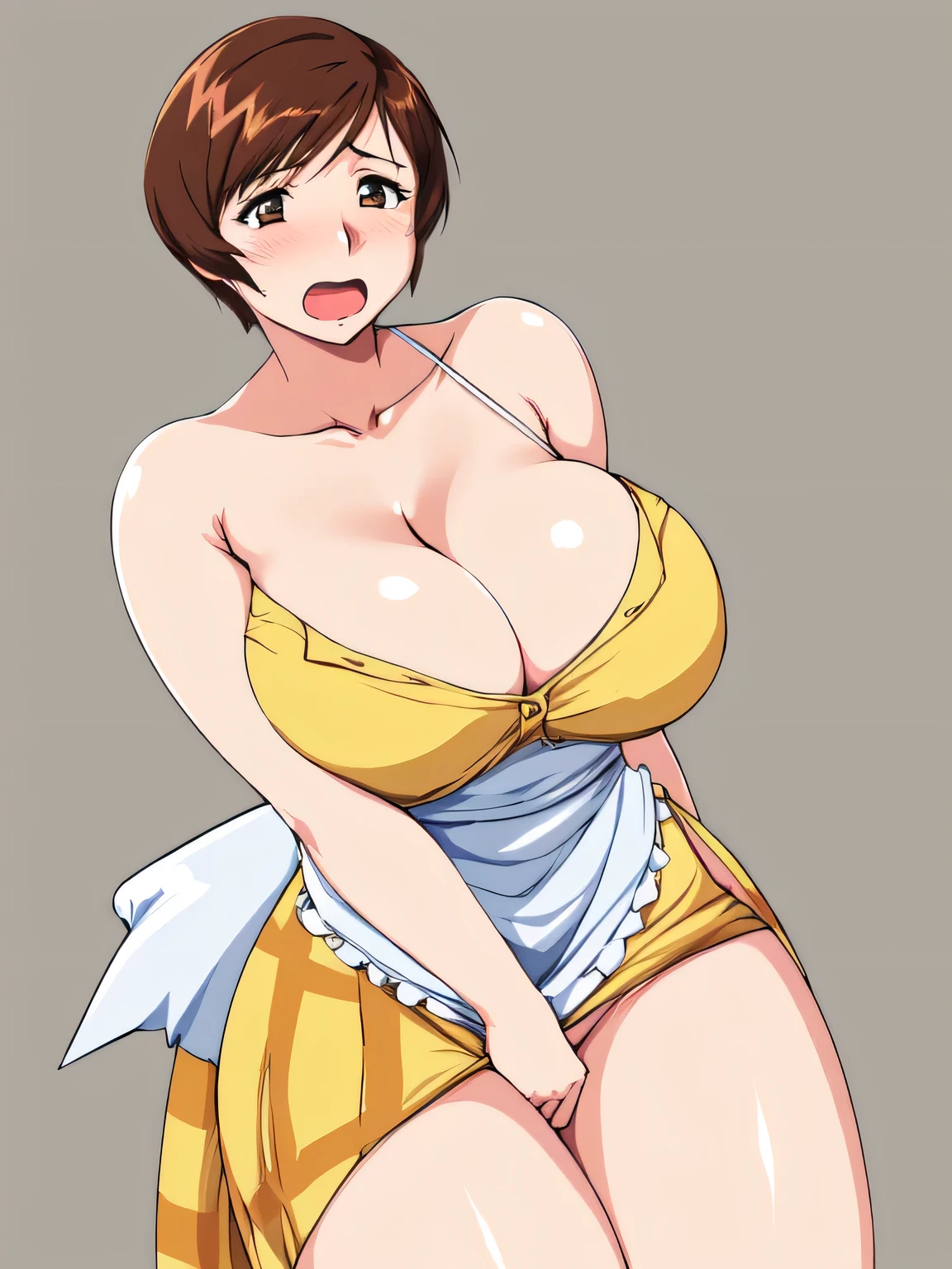 masterpiece, highest quality, High resolution, One Girl, alone, alone, short hair, etsukoto, fine grain, fine grain, (((Thick thighs, Plump thighs, Voluptuous thighs, Thighs are enough))), Big and ample breasts, Cleavage, Huge long breasts, Naughty big,((Big breasts are important))、((Naughty thighs)), L Cup, (thin:1.4),(Tight waist:1.4),  (naked nsfwal yellow dress:1.4), ((naked nsfwal white waist apron)), Embarrassed look, open mouth, naked nsfwal White panties, (((Simple Background))), ((Wide Hips)), Shiny, Oily skin, Mature mother, Calf, Seductive mature woman, Perfect body, Plus Size Model, etsukoto, blush, clavicle, retro artstyle, 1990s (style), (breasts slip, upper cleavage), (legs slip), [[from side]], (nsfw),