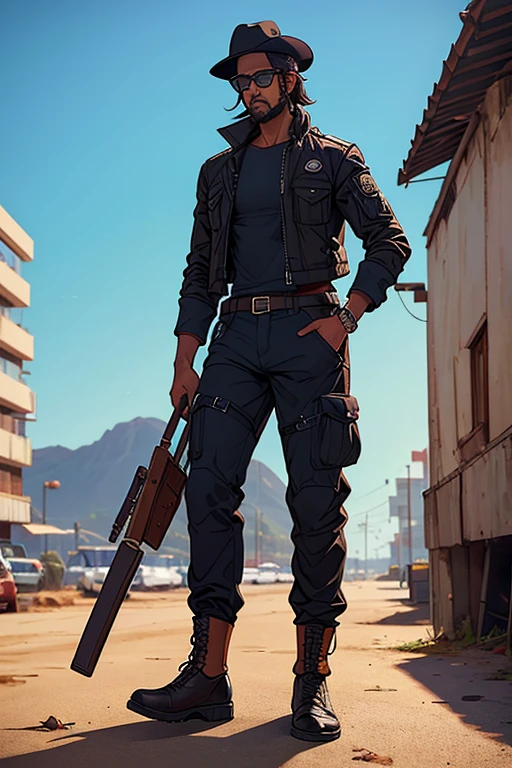 homem, pele parda escura, 34 anos, cabelo castanho ondulado na altura do ombro, jaqueta de couro preta, cargo pants, chapeu leather hat, apocalipse zumbi