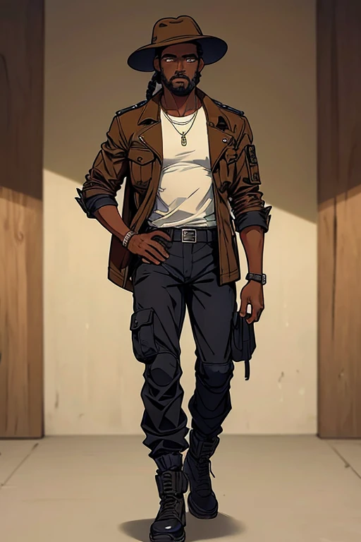 homem, pele parda escura, 34 anos, cabelo castanho ondulado na altura do ombro, jaqueta de couro preta, cargo pants, chapeu leather hat, apocalipse zumbi