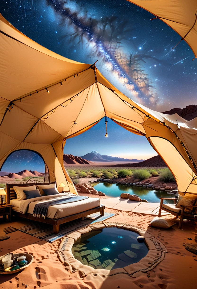 Desert Oasis Shelter, In the vast and boundless desert, an oasis has become a paradise for campers. Beside the cool spring water, tents are like stars, and the desert starry sky at night is particularly spectacular, (masterpiece, best quality, Professional, perfect composition, very aesthetic, absurdres, ultra-detailed, intricate details:1.3)