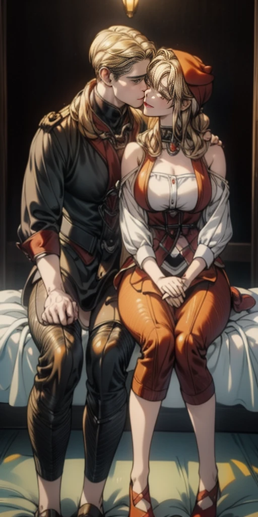 masterpiece, best quality, Eris Boreas Greyrat and Hilda Greyrat, kissing each other, red bennie, sitting full body on bed clenched fists hands on waist, strong abs