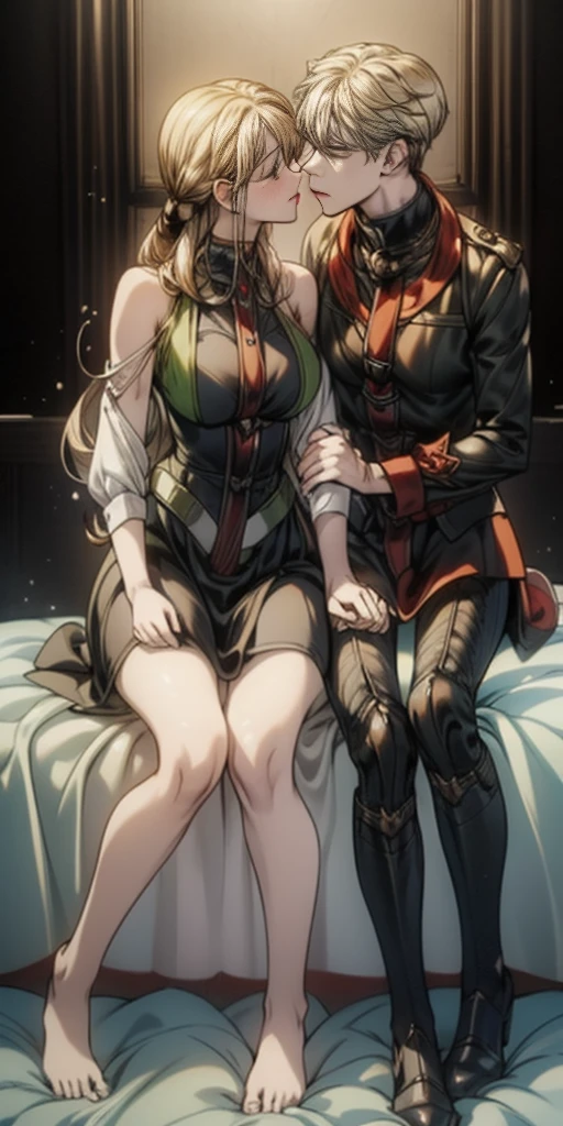 2 girls, girl 1:grey eyes, girl 1:red hair, girl 1:skimpy leather armor, {pelvis pressed against each others}, girl 2:blonde hair, girl 2: look of agony on her face, {{{{{girl 2: skimpy white thong}}}}}, {{{girl 2: topless}}}, {{{girl 2: exposed breasts}}}, girl 2: slender with small breasts, girl 2: sweaty long legs, girl 2: torn white cape, girl 2: naked from waist up, girl 2: dirty thigh high boots, girl 2: sweaty, girl 2: bloody and dirty, {girl 2: exhausted}, girl 2: head hanging, camel toe, couple, {passionate embrace}, masterpiece, burning city background
