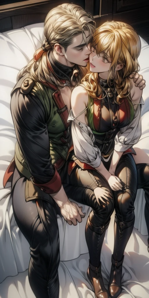 masterpiece, best quality, Eris Boreas Greyrat and Hilda Greyrat, kissing each other, red bennie, sitting full body on bed clenched fists hands on waist, strong abs