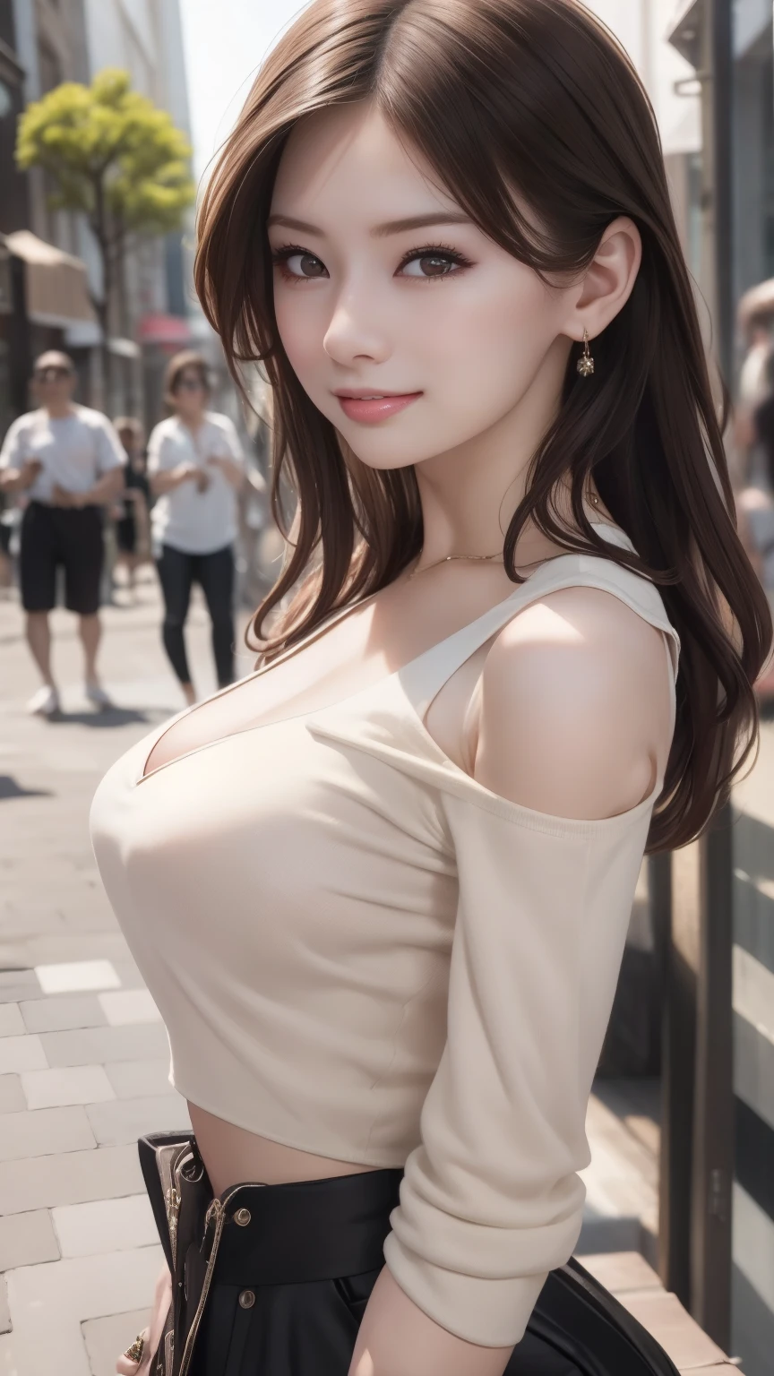highest quality、Natural Lip、Fair skin、Great light、Beautiful lighting、((Brown Hair))、Off the shoulder、Big cleavage、White crop top、mini skirt、Gorgeous Accessories、Harajuku、smile、かわいいsmile、Crowds in the city