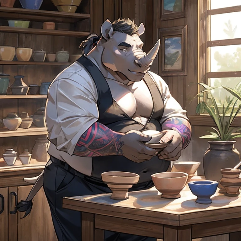 Fat male Rhinoceros, full sleeve colorful tattoos on both arms, torso completely covered in colorful tattoos, small ponytail, mid 40s, tuxedo pants but naked upper half, doing pottery