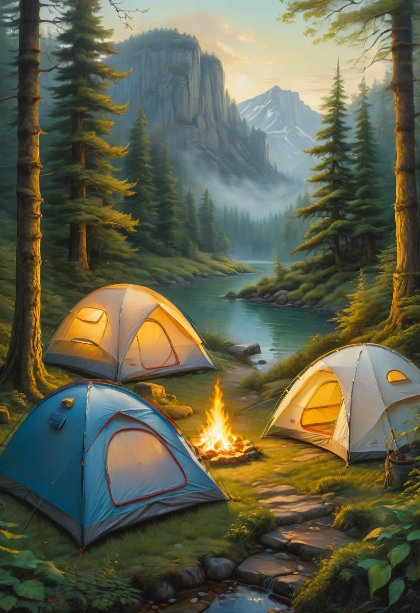 Outdoor Camping, by Angela Barrett, best quality, masterpiece, very aesthetic, perfect composition, intricate details, ultra-detailed