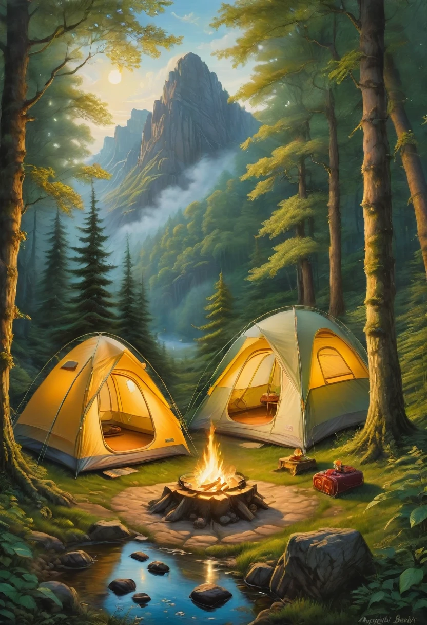 Outdoor Camping, by Angela Barrett, best quality, masterpiece, very aesthetic, perfect composition, intricate details, ultra-detailed