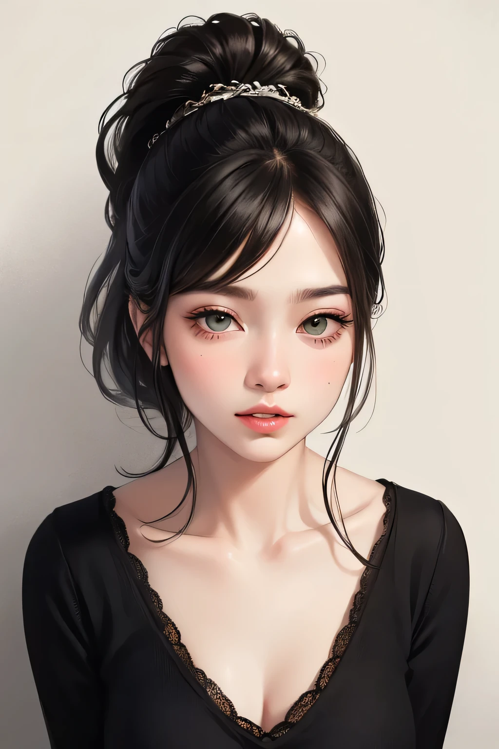 (best quality, highres:1.2), ultra-detailed, realistic:1.37, portraits, seductive gaze,detailed beautiful eyes,detailed long eyelashes,detailed lips,parted lips,intense blush,soft smile,soft smile and gaze,sexy woman, ponytail hairstyle, black hair,luscious black hair,cute ponytail,green sweater,cream cargo pants, medium chest, perfect body