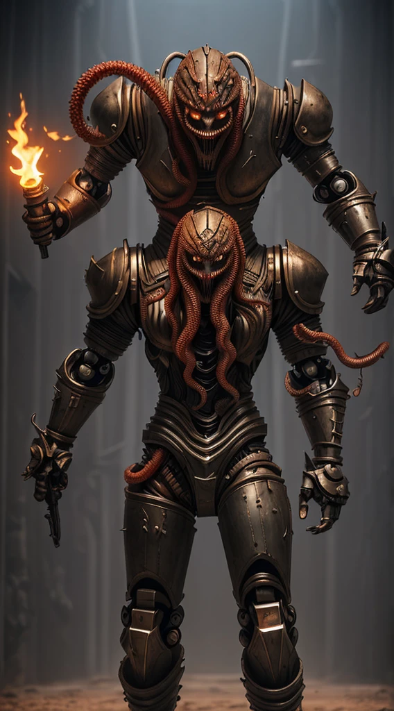 Aegis mortal shield Robot steampumk Girl Automaton, mecanismos sombrios, uma Arma Mangual Aberrante repousa, A nightmare creation ready for action. This mangrove weapon is a grotesque monstrosity, with twisted tentacles that form the extension of the weapon. Each tentacle ends in an eyelid with sharp teeth and fangs, projecting like lethal blades. The body of the weapon is adorned with maniacal eyes that are filled with stitched human arms and tentacles that writhe like serpents. Apesar de estar acorrentada, the Aberrant Mangual Weapon displays an expression of madness and extreme insanity, as if it were a living extension of the chaos that inhabits the dungeon. Seus olhos brilham com uma intensidade perturbadora. The surrounding environment is ominous, with damp stone walls and a silence that seems oppressive. The Aberrant Mangual Weapon is a cursed relic, A weapon that defies all notions of sanity and can unleash destruction at any moment.