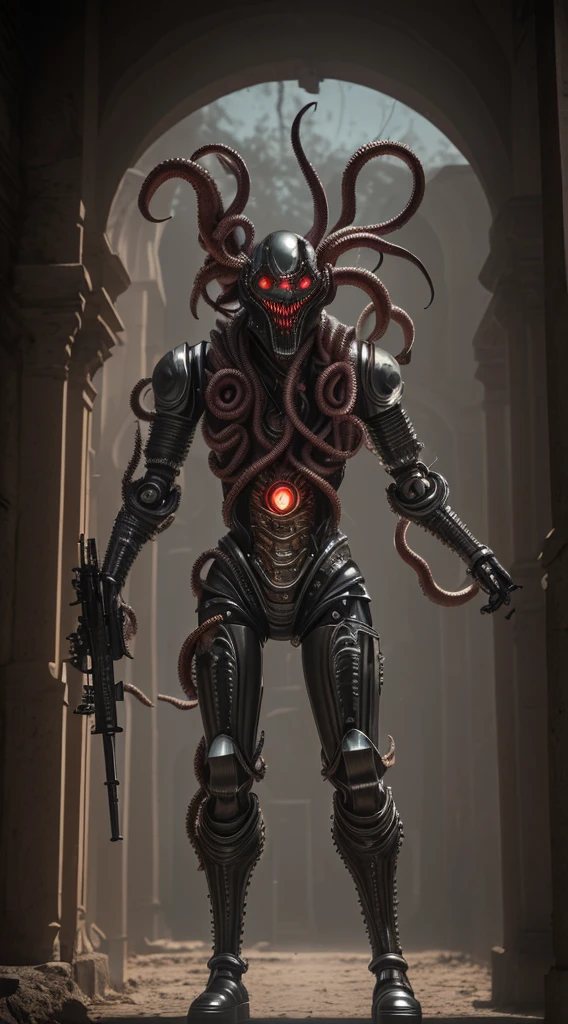 Aegis mortal shield Robot steampumk Girl Automaton, mecanismos sombrios, uma Arma Mangual Aberrante repousa, A nightmare creation ready for action. This mangrove weapon is a grotesque monstrosity, with twisted tentacles that form the extension of the weapon. Each tentacle ends in an eyelid with sharp teeth and fangs, projecting like lethal blades. The body of the weapon is adorned with maniacal eyes that are filled with stitched human arms and tentacles that writhe like serpents. Apesar de estar acorrentada, the Aberrant Mangual Weapon displays an expression of madness and extreme insanity, as if it were a living extension of the chaos that inhabits the dungeon. Seus olhos brilham com uma intensidade perturbadora. The surrounding environment is ominous, with damp stone walls and a silence that seems oppressive. The Aberrant Mangual Weapon is a cursed relic, A weapon that defies all notions of sanity and can unleash destruction at any moment.