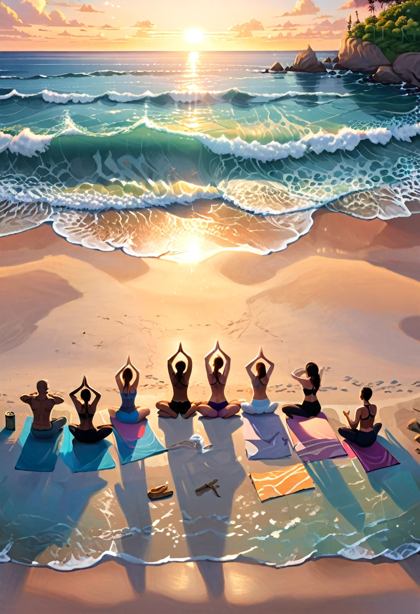 Beach sunrise yoga, camping tent, early morning light, waves gently tapping the beach, a group of campers laying yoga mats on the beach, meditating and practicing postures according to the rhythm of the sunrise, integrating body and mind with nature, (masterpiece, best quality, Professional, perfect composition, very aesthetic, absurdres, ultra-detailed, intricate details:1.3)