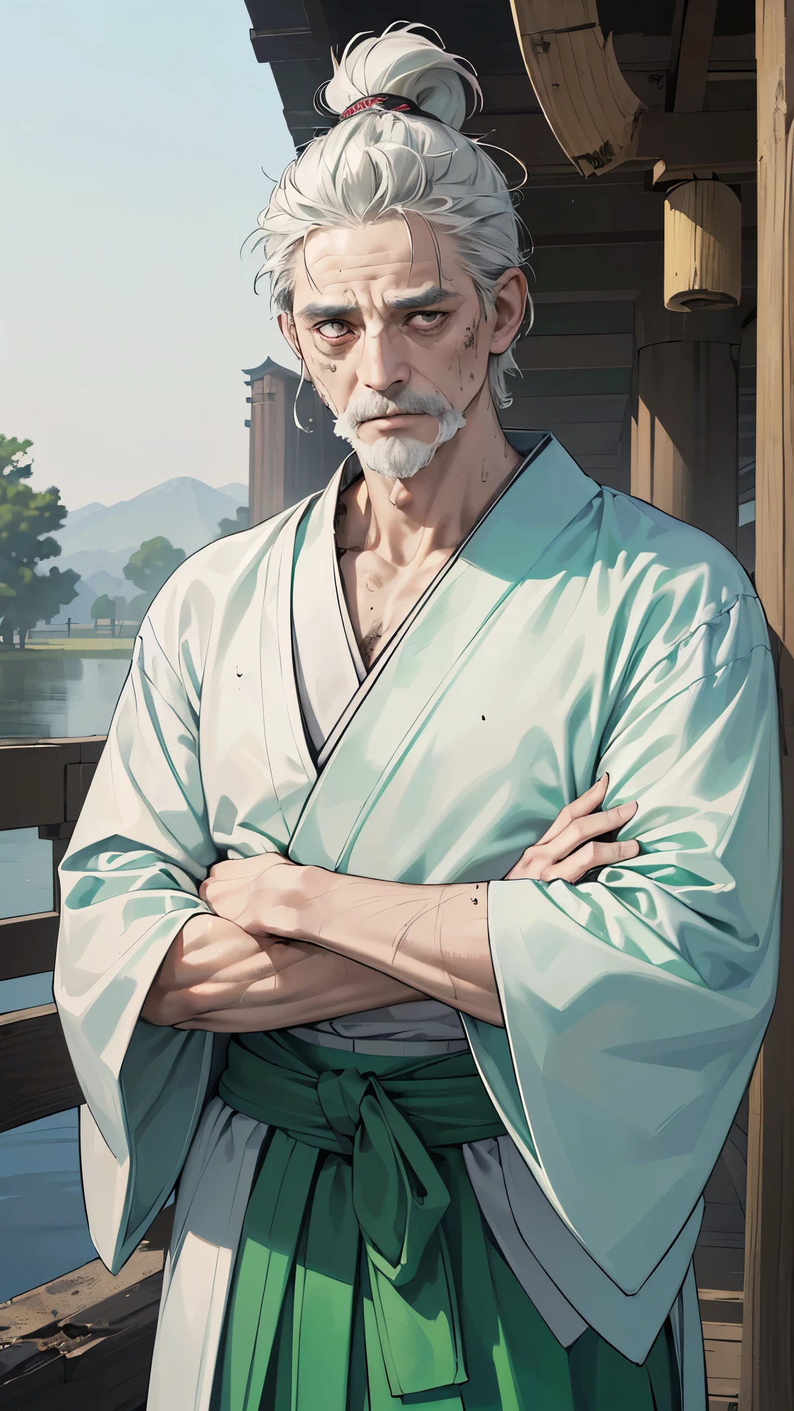 (perfect anatomy:1.2)(absurdres, highres, ultra detailed),masterpiece,best quality,high resolution,8k,Realistic face,Realistic skin texture,magnified textures, stunning clarity,anime old man,(ultra detailed eyes and face),gray hair,short hair,(65 years old) ,(dirty old man:1.5),asian face,(ugly face:1.5),hook nose,slender eyes,(Sagging under the eyes:1.2),(grimace:1.5),(skinny man:1.5), short stature,white kimono,(green hakama with with hieroglyphic pattern:1.2),(Pompous attitude due to lack of self-confidence:1.5),Paranoid,cowboy shot,(from front),(look at viewer:1.2),village headman,autumn,(Japanese garden:1.2)、small-minded :1.5,crossed arms,