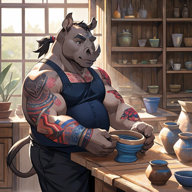 Fat male Rhinoceros, full sleeve colorful tattoos on both arms, torso completely covered in colorful tattoos, small ponytail, mid 40s, half naked, black pants, doing pottery