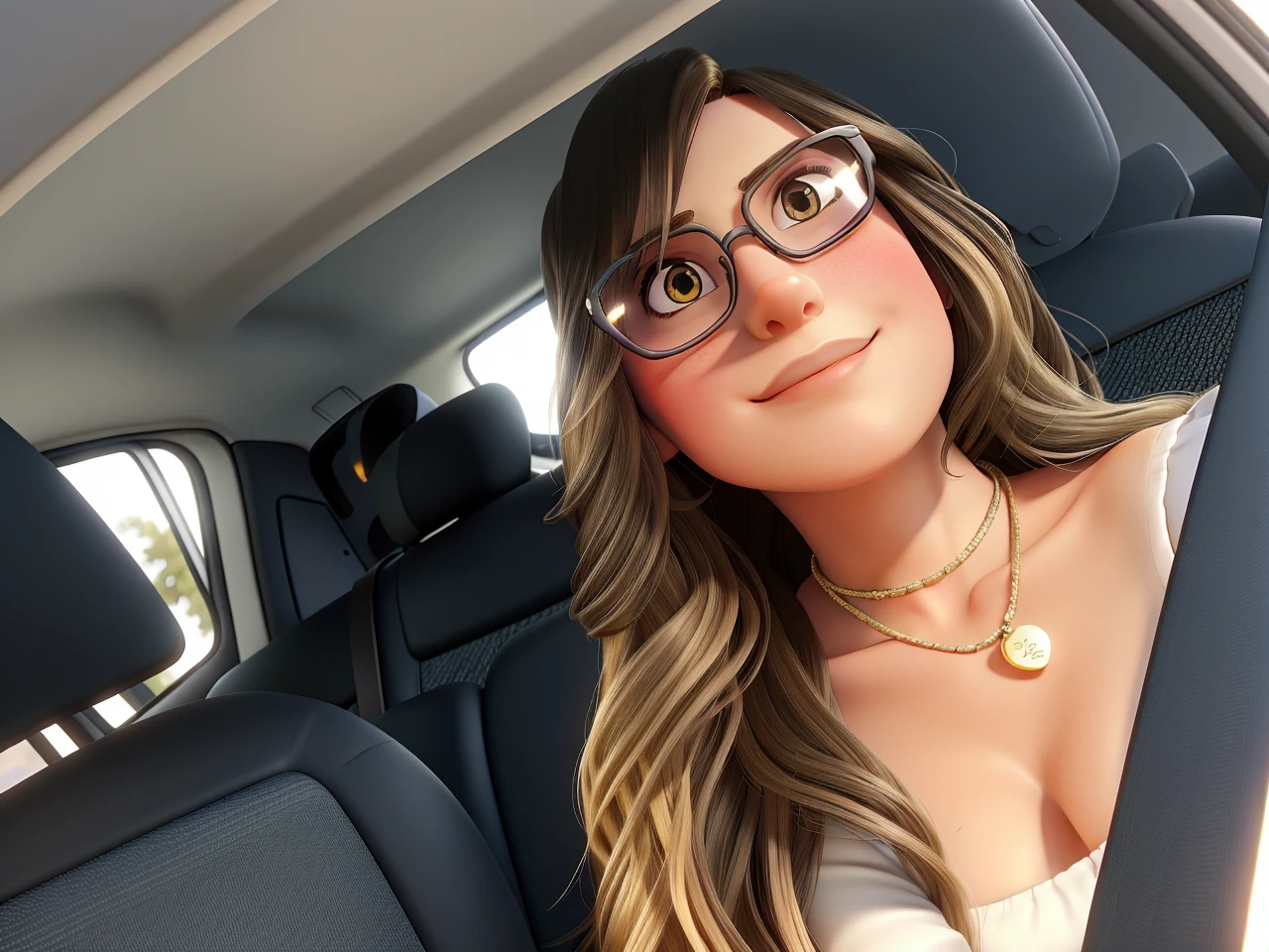 brunette woman with long hair with blonde highlights, wearing glasses, posing for a background inside a beautiful car on a sunny day