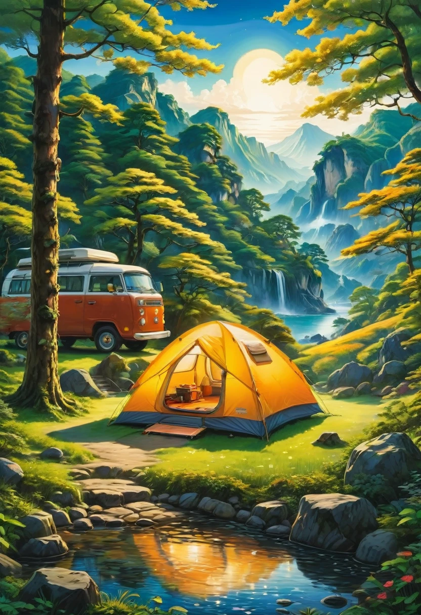 Outdoor Camping, by Chiho Aoshima, best quality, masterpiece, very aesthetic, perfect composition, intricate details, ultra-detailed