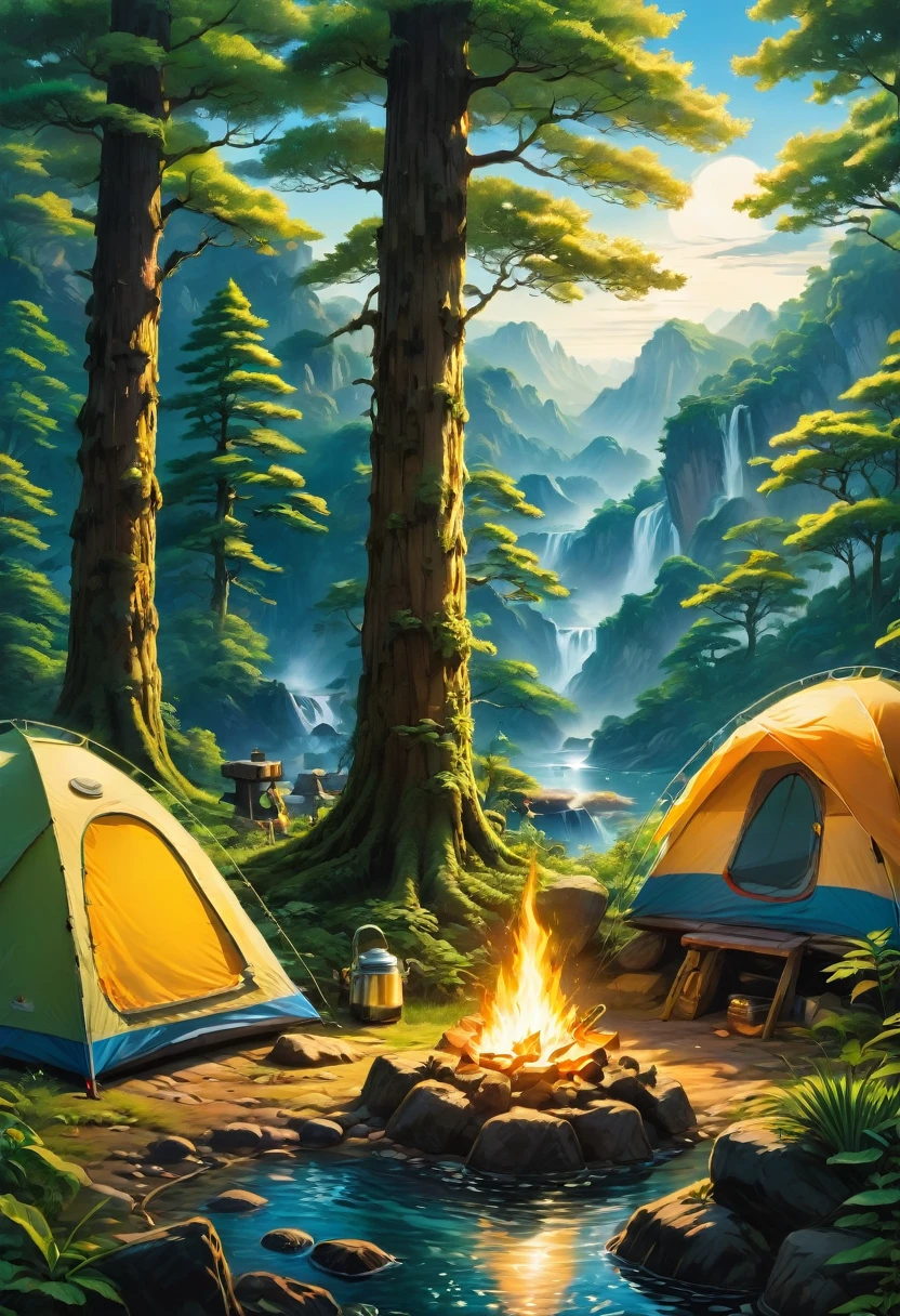 Outdoor Camping, by Chiho Aoshima, best quality, masterpiece, very aesthetic, perfect composition, intricate details, ultra-detailed