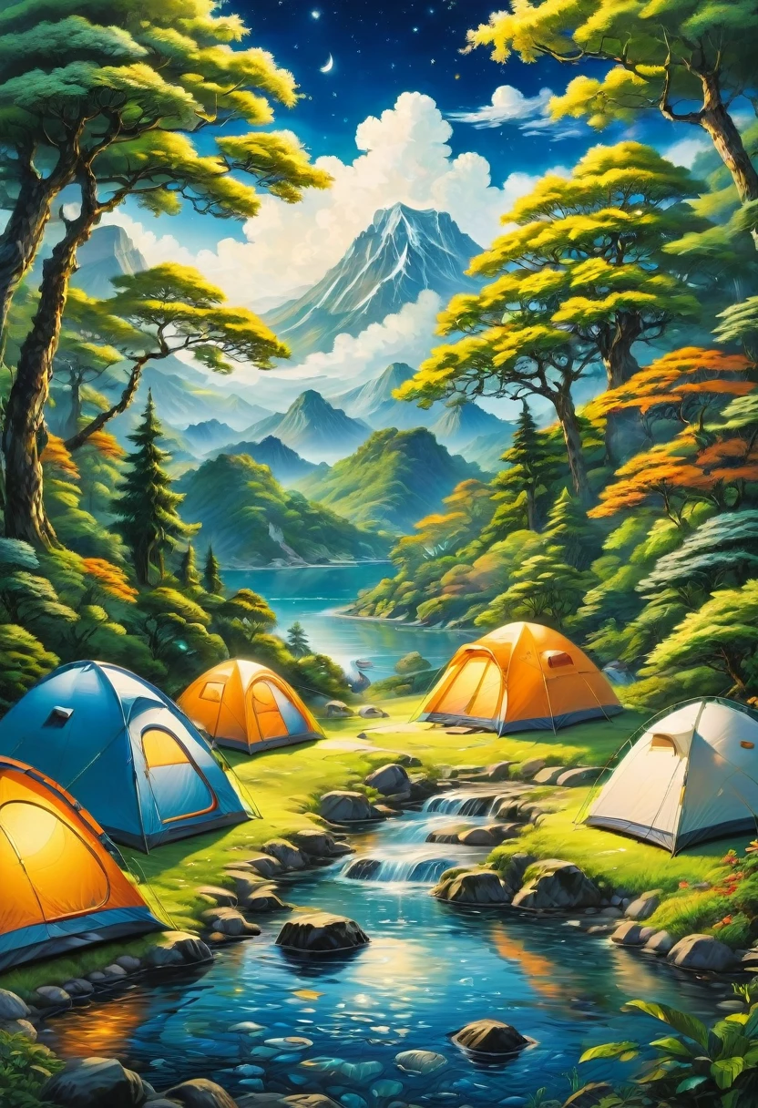 Outdoor Camping, by Chiho Aoshima, best quality, masterpiece, very aesthetic, perfect composition, intricate details, ultra-detailed