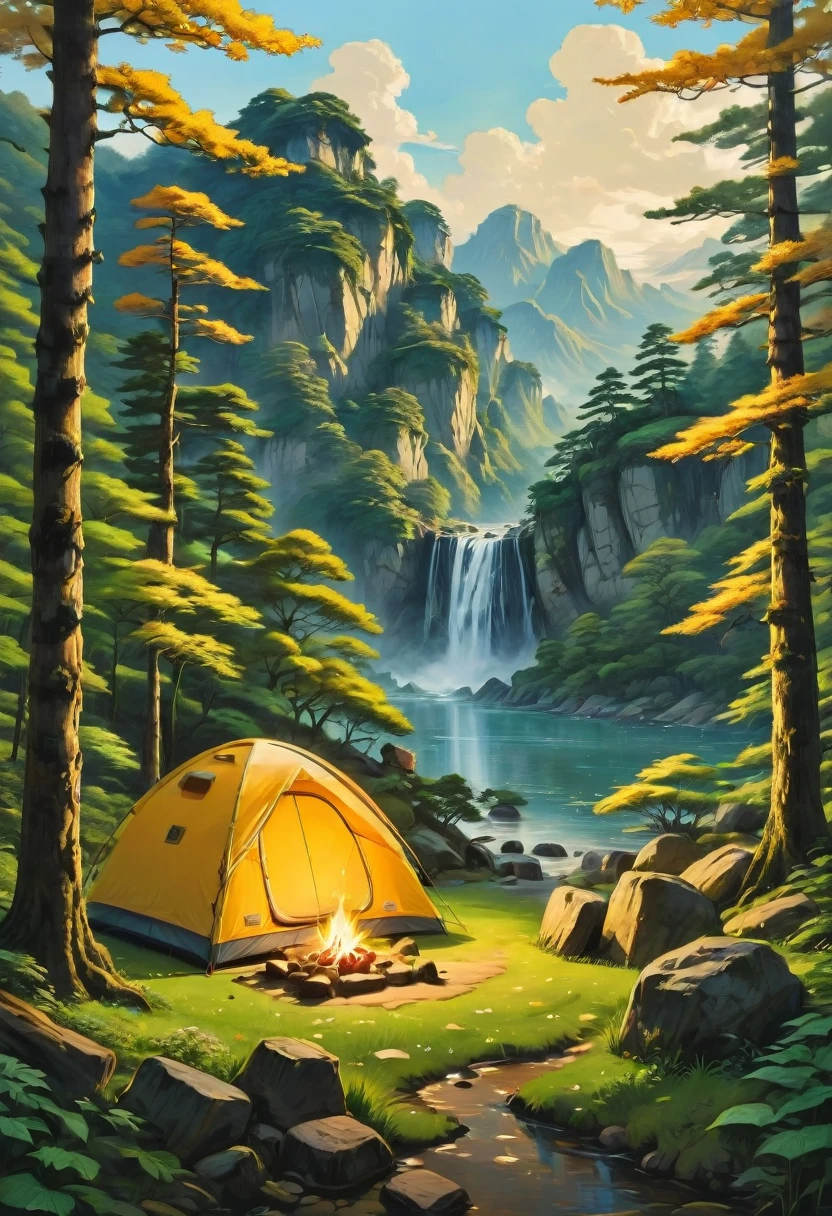 Outdoor Camping, by Yoshitomo Nara, best quality, masterpiece, very aesthetic, perfect composition, intricate details, ultra-detailed