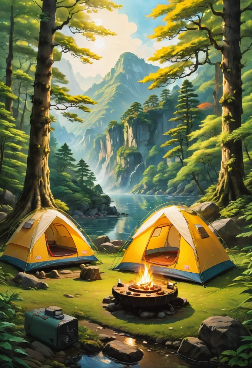 Outdoor Camping, by Yoshitomo Nara, best quality, masterpiece, very aesthetic, perfect composition, intricate details, ultra-detailed