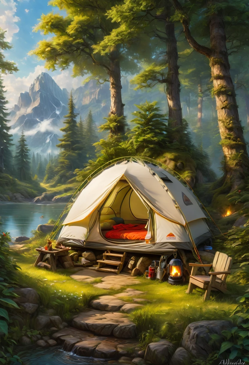 Outdoor Camping, by Lilia Alvarado, best quality, masterpiece, very aesthetic, perfect composition, intricate details, ultra-detailed