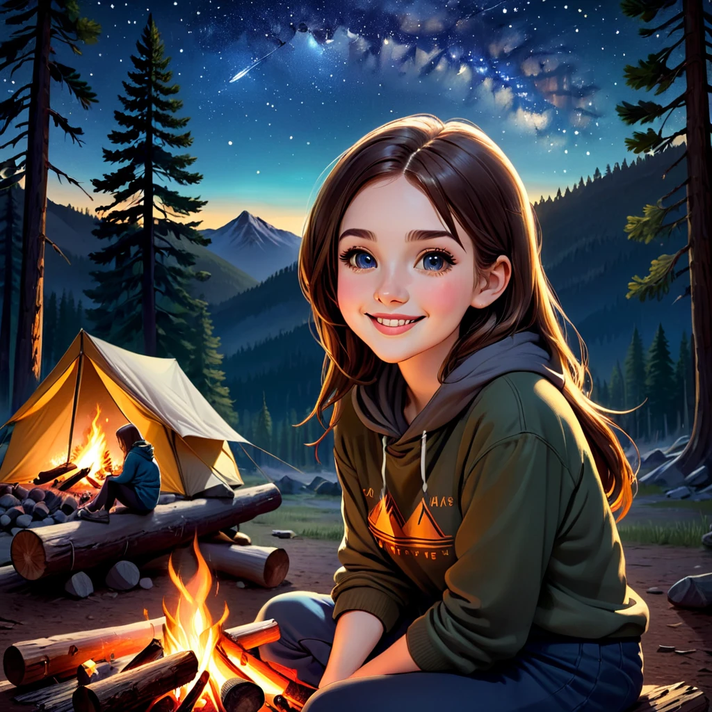 A beautiful outdoor camping scene, 1girl, detailed face, beautiful eyes, detailed nose, detailed lips, long eyelashes, smiling, sitting on log, campfire, mountains in background, pine trees, starry night sky, glowing campfire, warm lighting, rich colors, cinematic, epic, award-winning, masterpiece