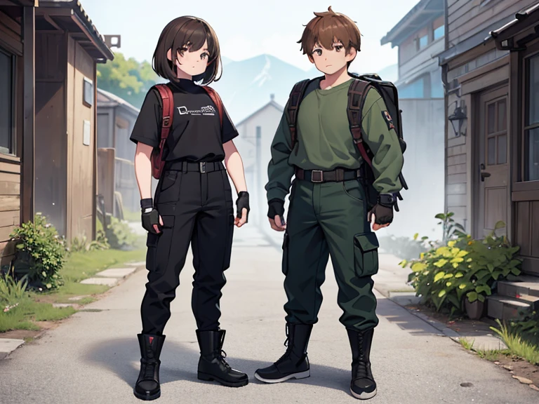 masterpiece; Style: daily; Characters: 2 people, 1 boy and 1 girl, Brother and sister (absolute similarity, twins), same height and age; necessary background: Nature of Russia, middle line, random landscape; обязательный Style одежды: gray-green T-shirt without emblems, military style trousers with patch pockets, massive high ry boots, fingerless gloves, backpack; Trained physique, muscular, Proportional, Sports; looks: same girlish face, male body type, very tousled medium length brown tousled hair, Brown eyes, round beautiful face, trained arms and legs, Graceful fingers, aesthetic proportional small wide nose, plump lips; aesthetic completeness, perfect face; Free standing pose, Interaeach other; many small details, complex parts; High quality textures, high detail, Realistic human anatomy, realistic textures, daylight, increased image clarity