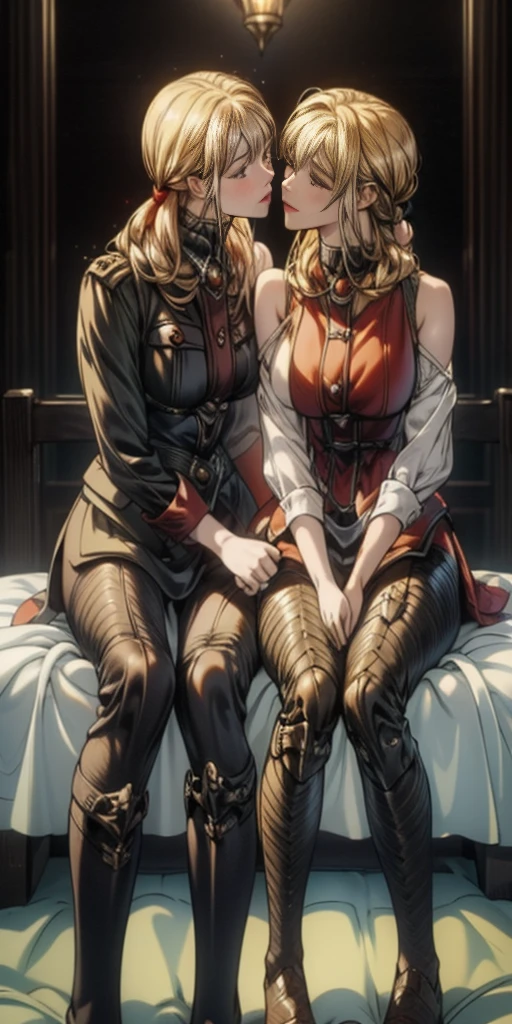 masterpiece, best quality, Selvaria kiss Roxanne, 2girlskiss, kissing each other, red bennie, sitting full body on bed clenched fists hands on waist, strong abs