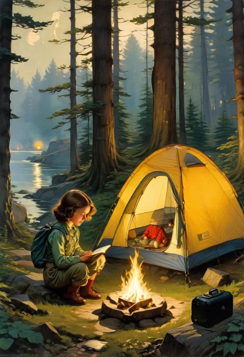 Outdoor Camping, by Jessie Willcox Smith, best quality, masterpiece, very aesthetic, perfect composition, intricate details, ultra-detailed