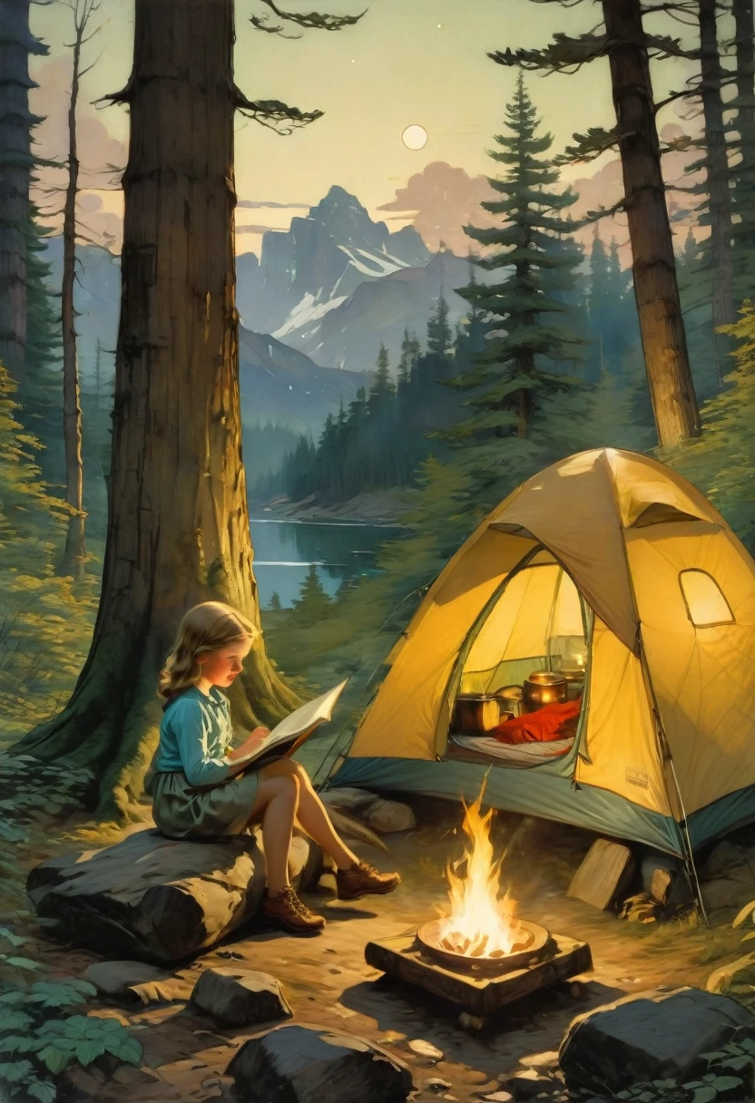 Outdoor Camping, by Jessie Willcox Smith, best quality, masterpiece, very aesthetic, perfect composition, intricate details, ultra-detailed