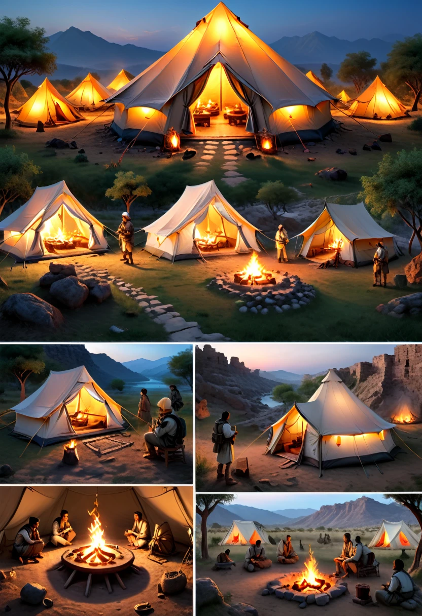 Exploration Camps for Historic Sites, Beside the ruins of ancient civilizations, tents are neatly arranged, and explorers discuss the mysteries of history by the campfire. In the quiet of the night, it seems like one can hear the echoes of ancient times, (masterpiece, best quality, Professional, perfect composition, very aesthetic, absurdres, ultra-detailed, intricate details:1.3)